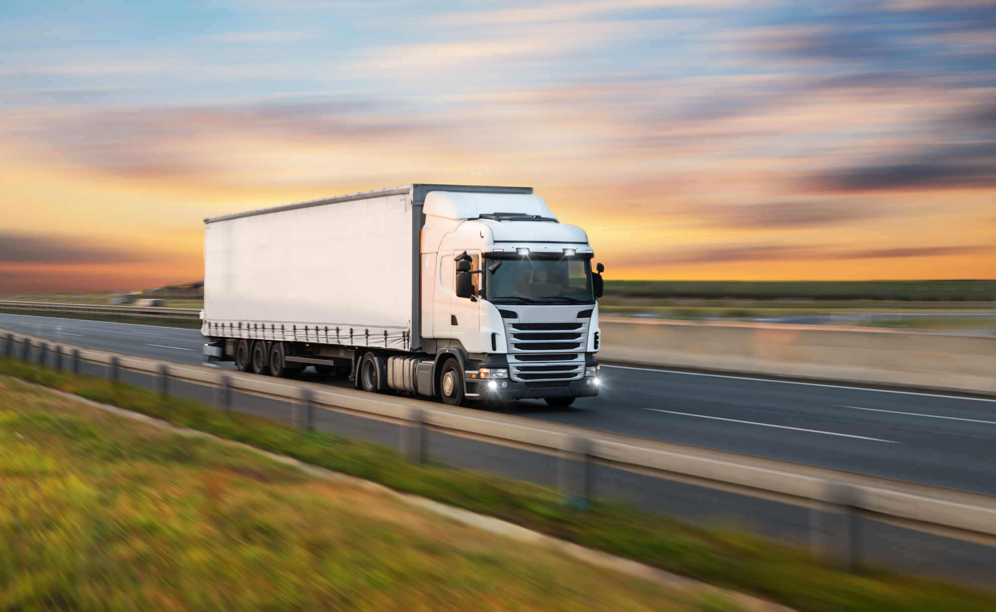 Truck with container on road, cargo transportation concept.